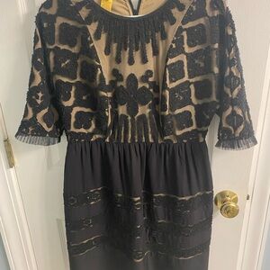 Catherine Malandrino Black and Beige Lace-Textured Midi Dress